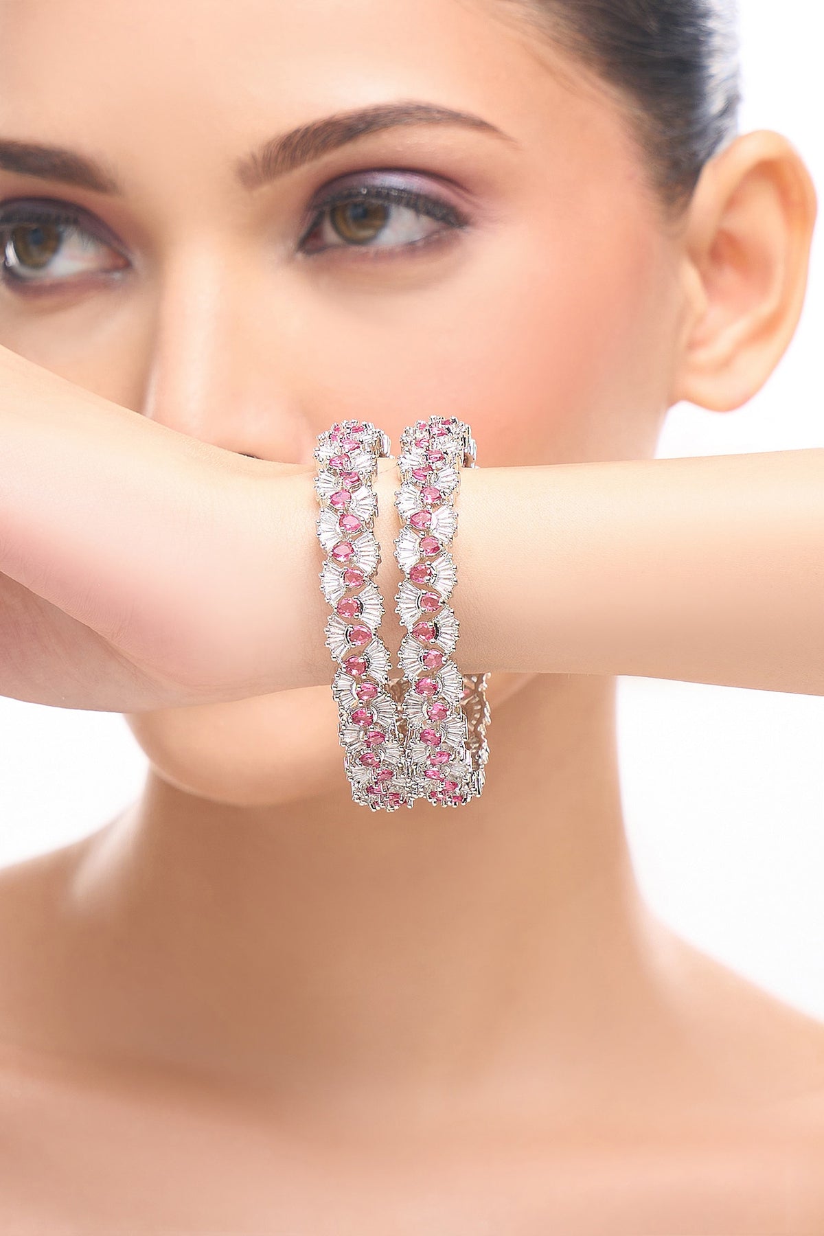 Silver & Pink American Diamond Bangles 