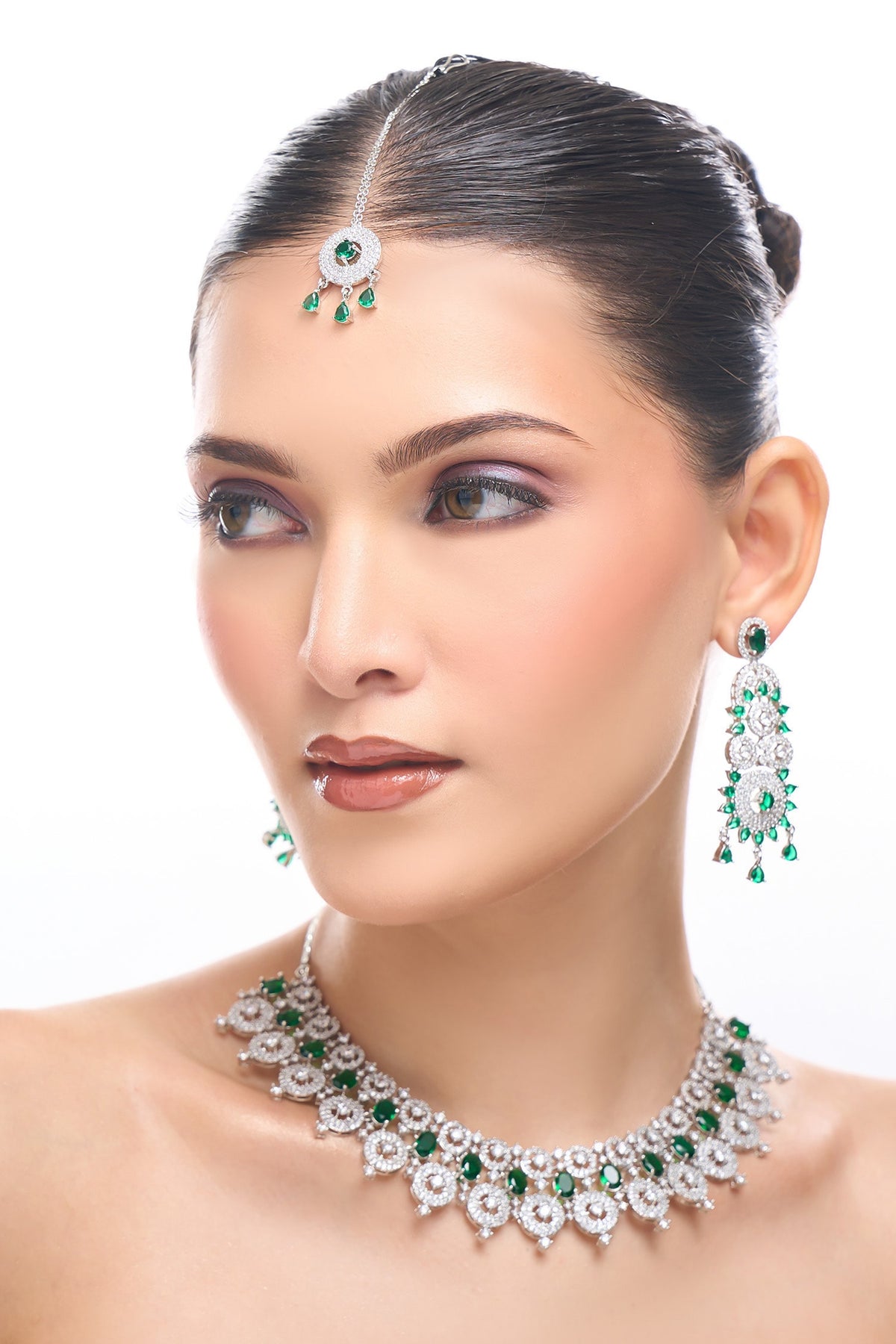 Green Brass American Diamond Jewelry Set 