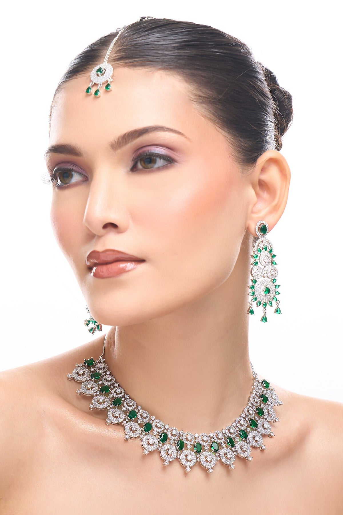 Green Brass American Diamond Jewelry Set 