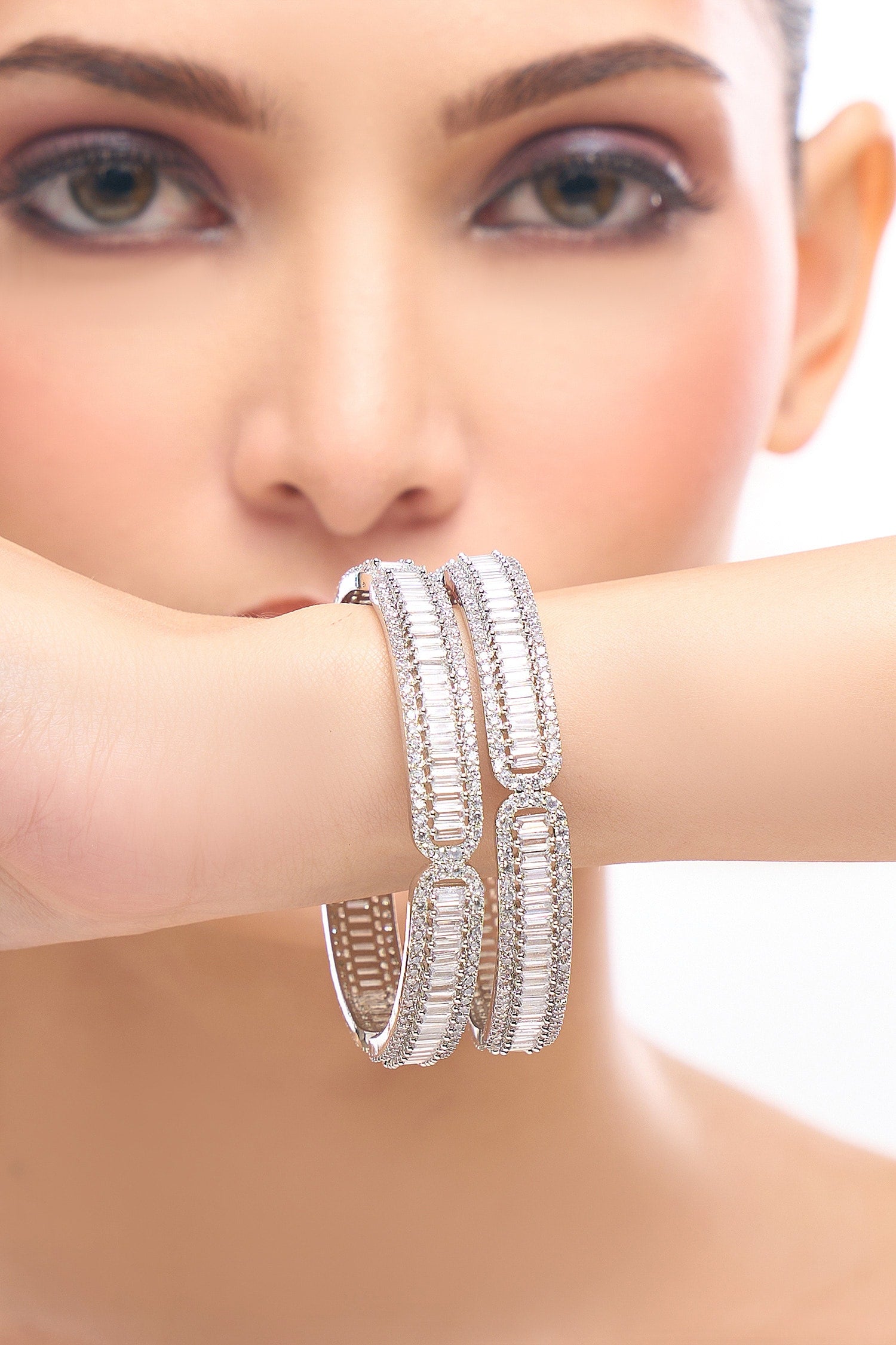 Silver American Diamond Bangles Set 
