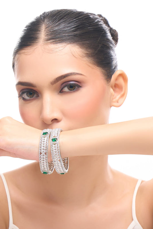 Silver & Green American Diamond Bangles 