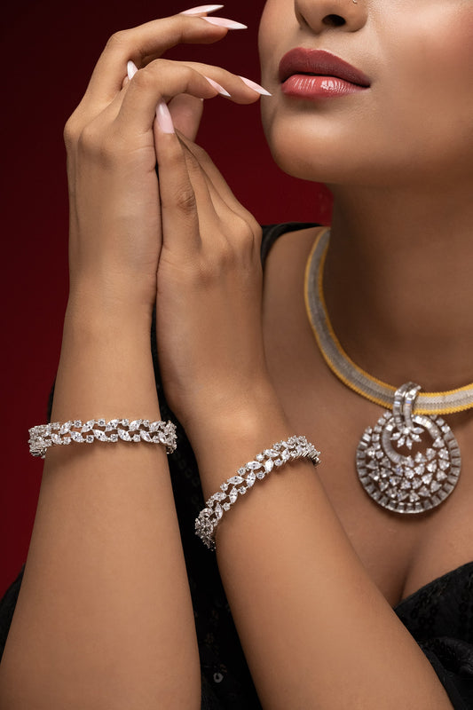 Rhodium Plated White Bangle Set 