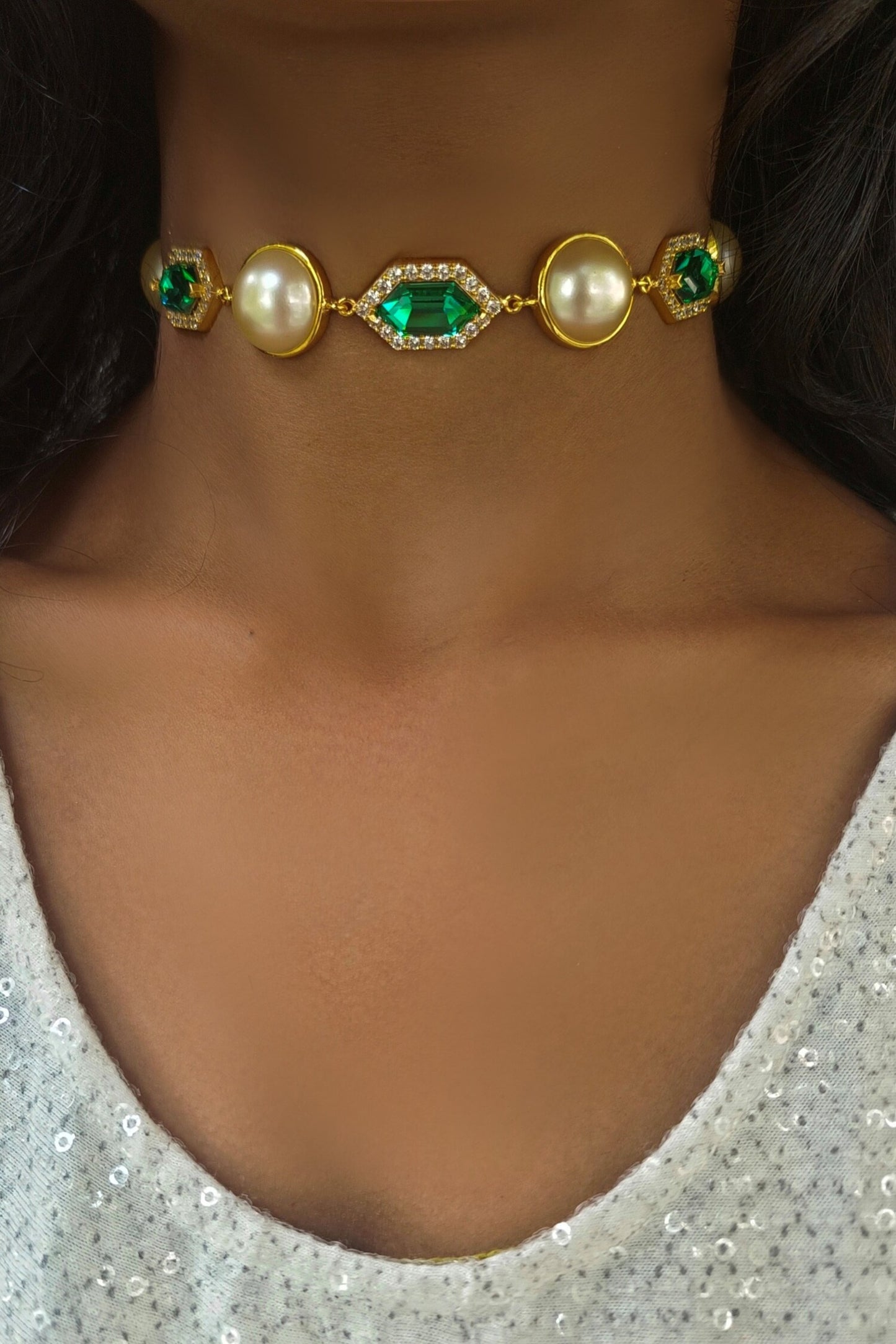 Emerald Crystal Pearl Choker 