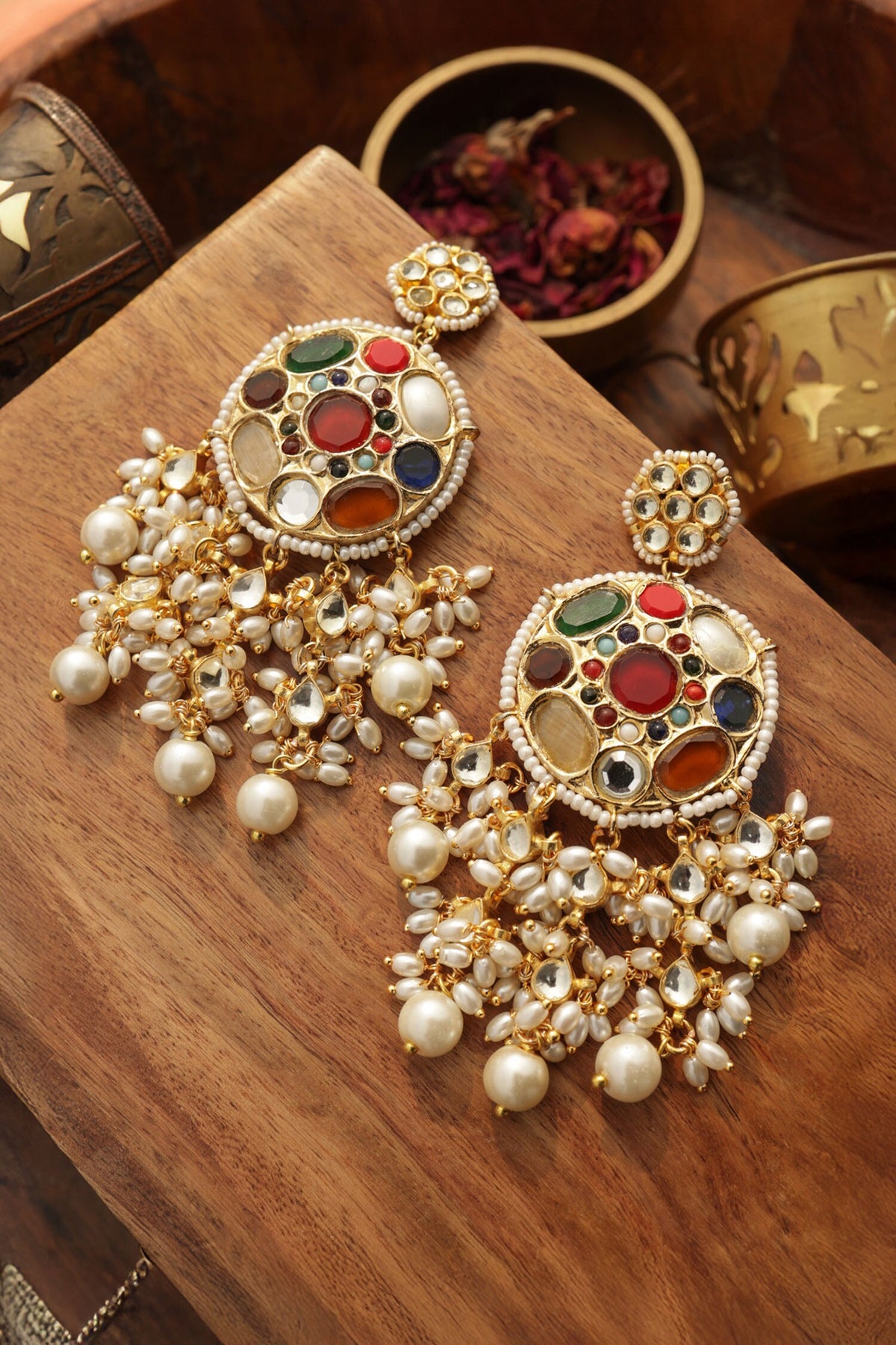 Navrattan Kundan & Pearls Earrings 