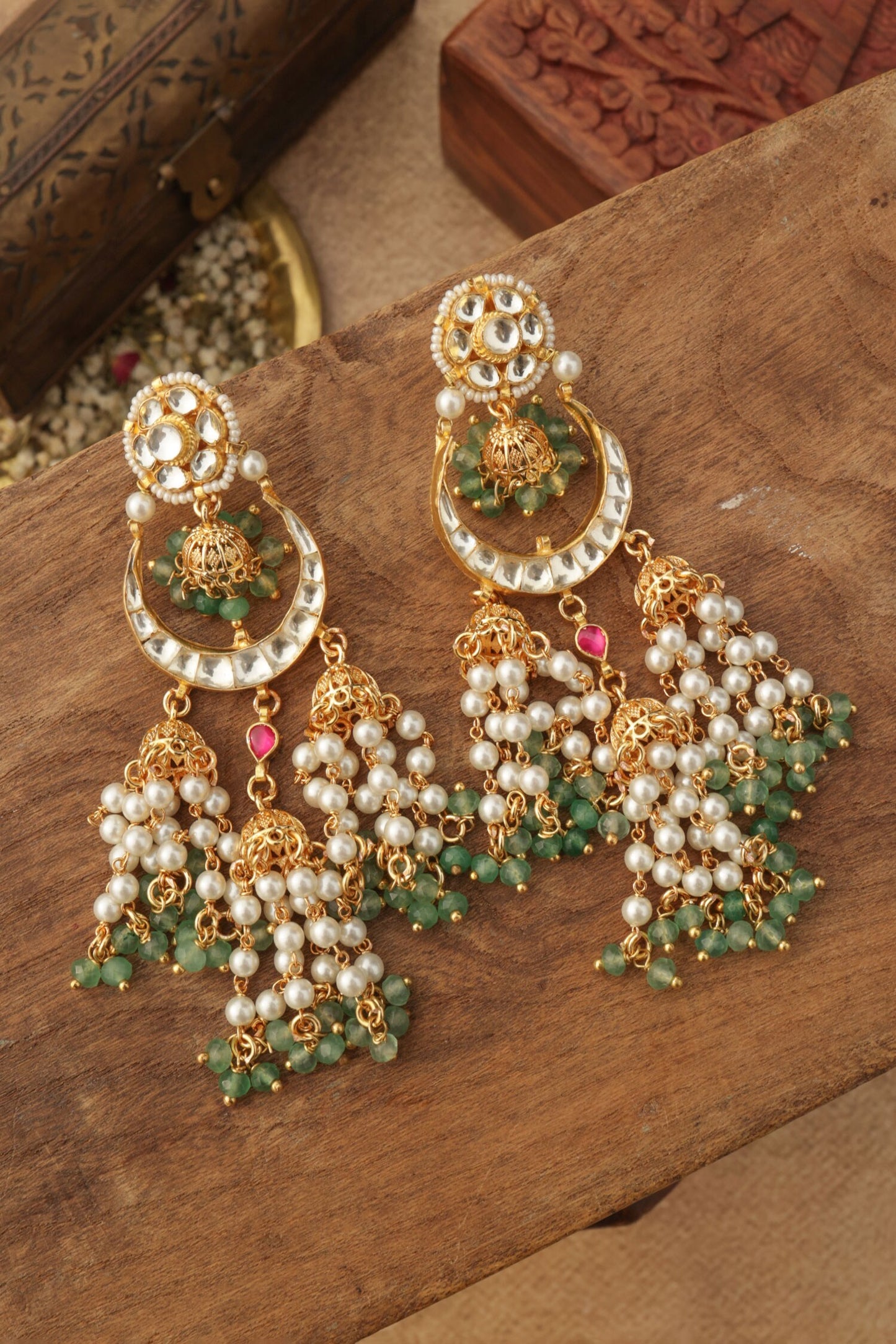 Mint Kundan Jhumki Earrings 