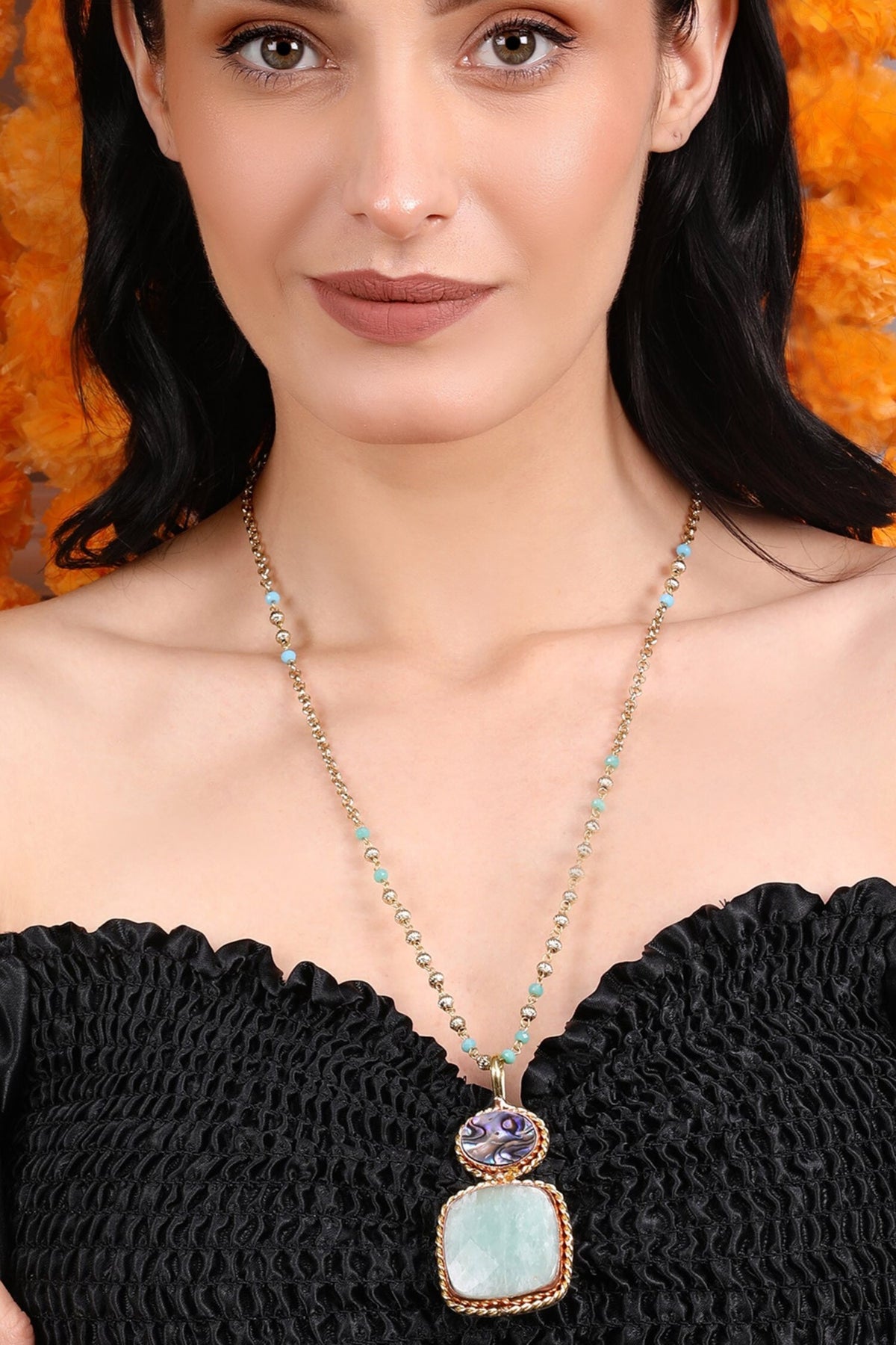 Dual-Tone Beaded Chain Pendant Necklace 