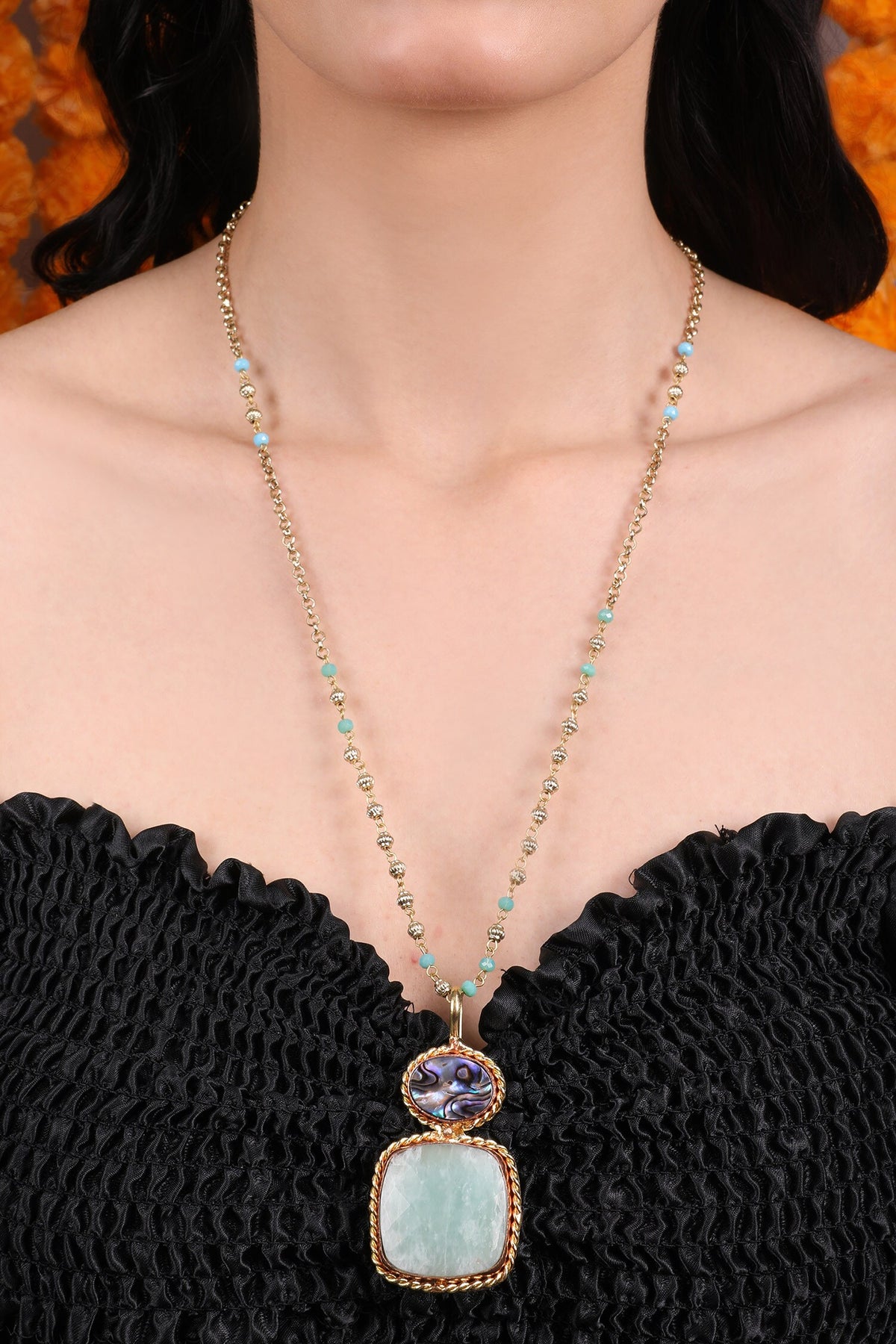 Dual-Tone Beaded Chain Pendant Necklace 