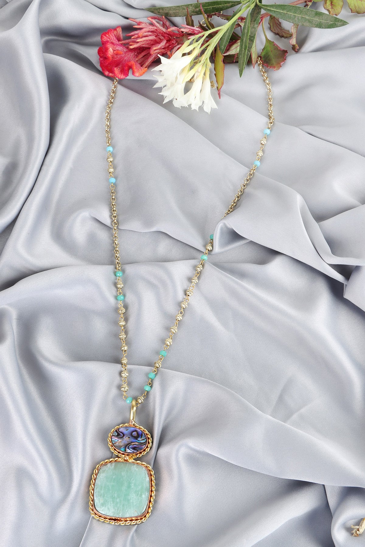 Dual-Tone Beaded Chain Pendant Necklace 