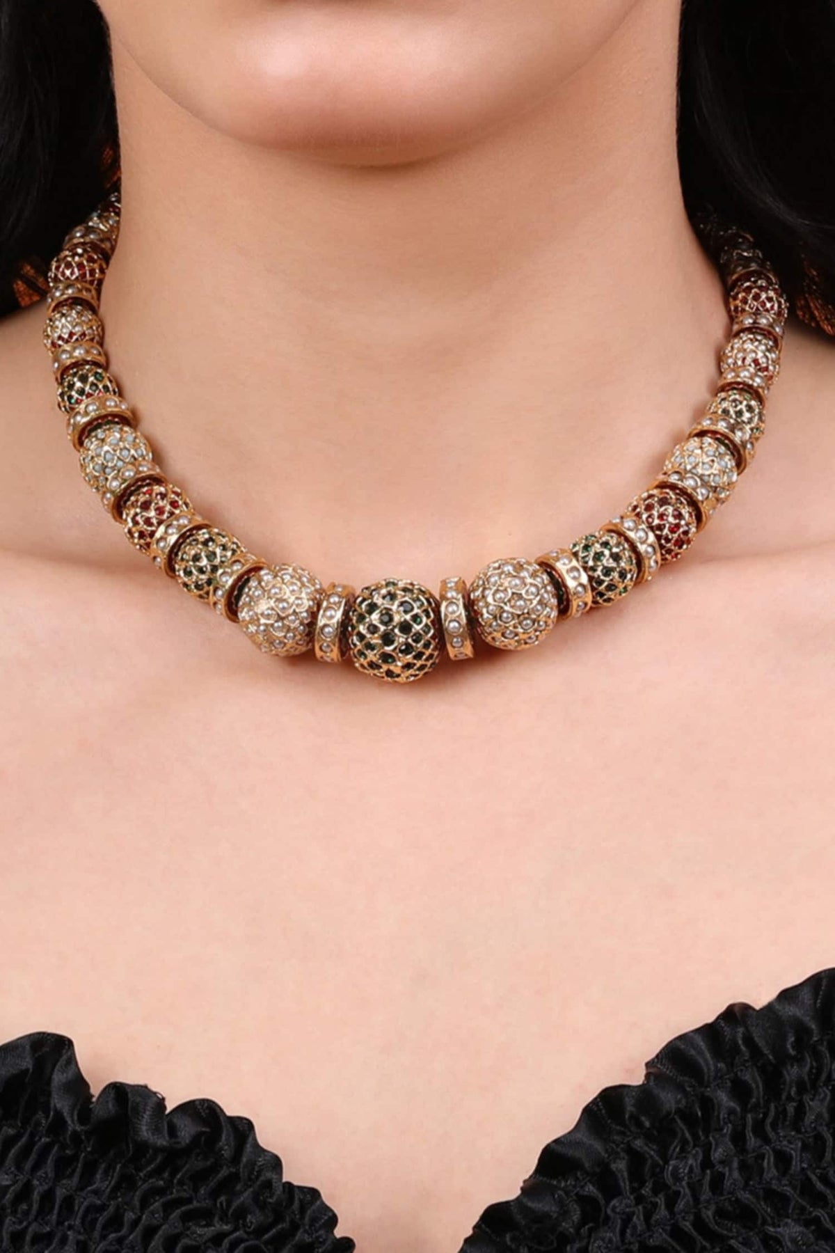 Traditional Gold-Toned Beaded Necklace 