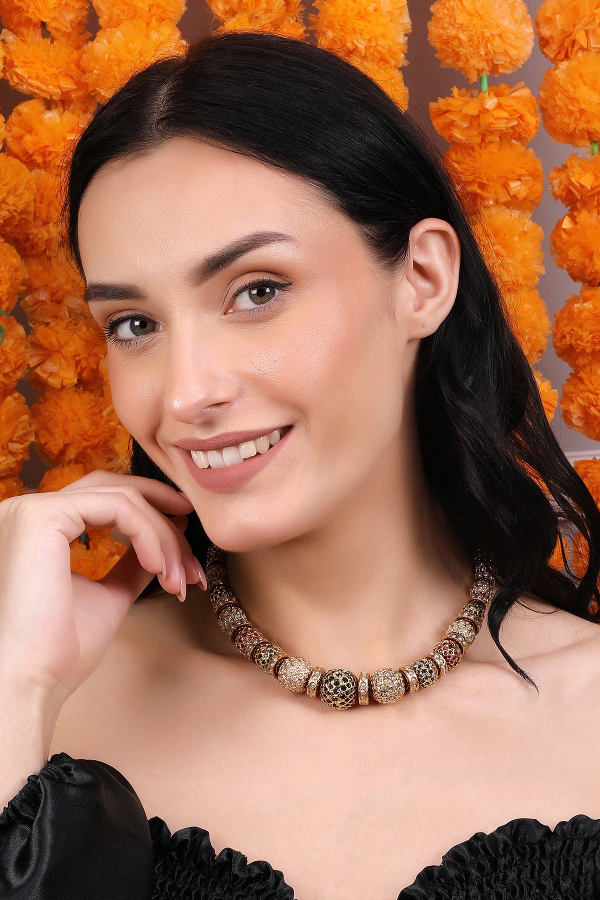 Traditional Gold-Toned Beaded Necklace 
