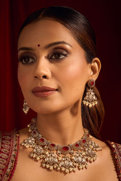 Ruby Red Kundan Necklace & Earring Set 