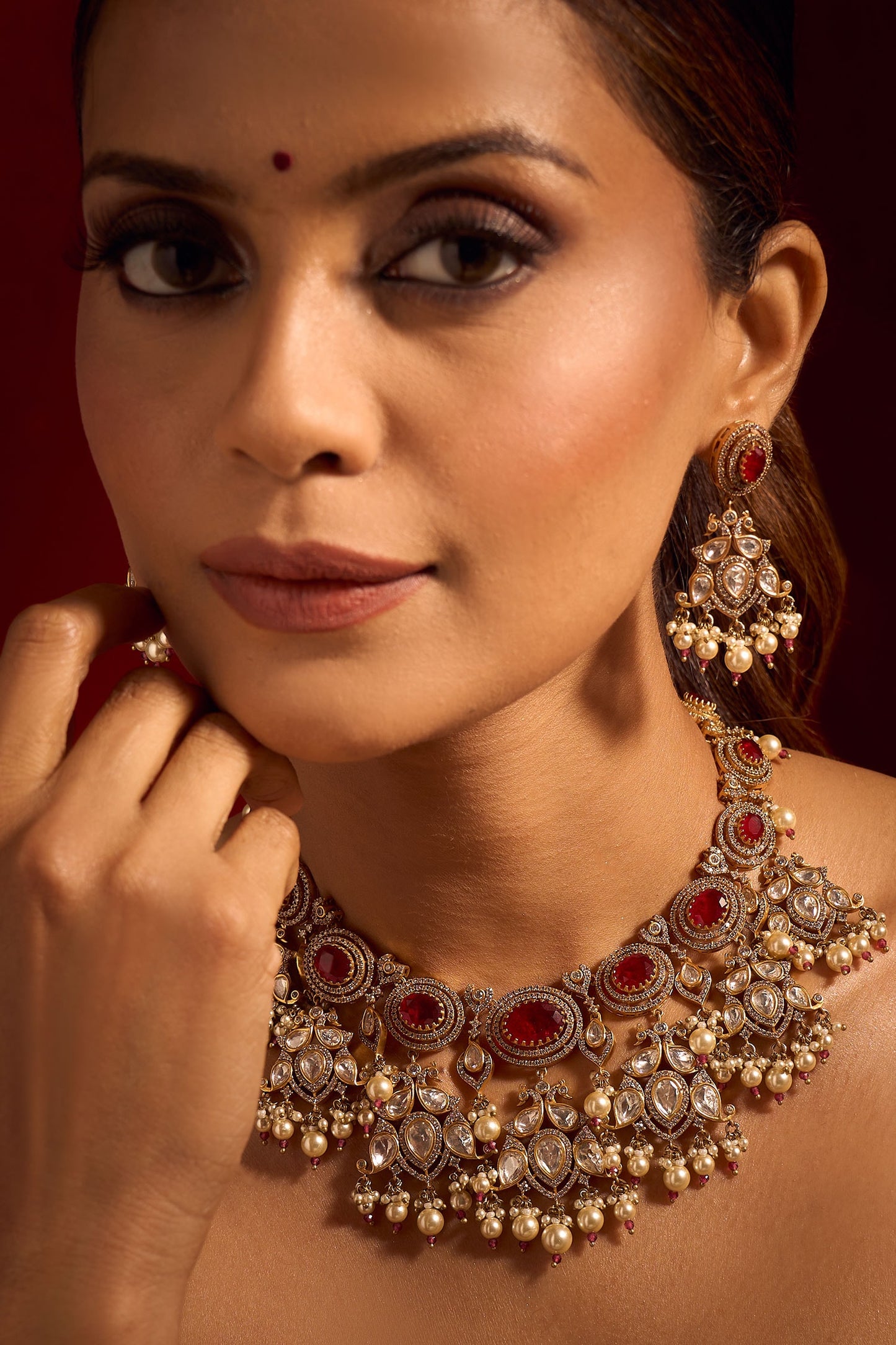 Ruby Red Kundan Necklace & Earring Set 