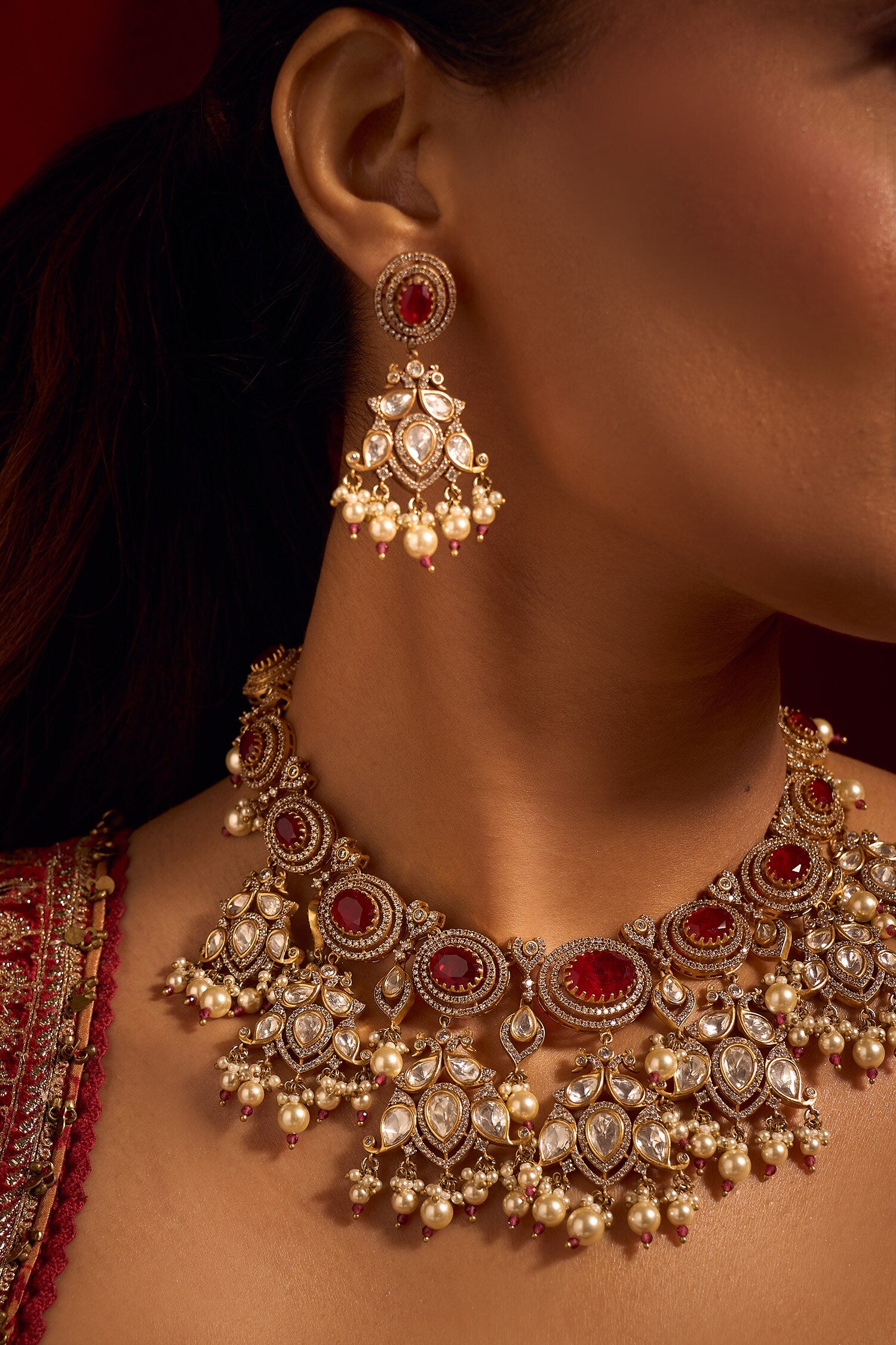 Ruby Red Kundan Necklace & Earring Set 