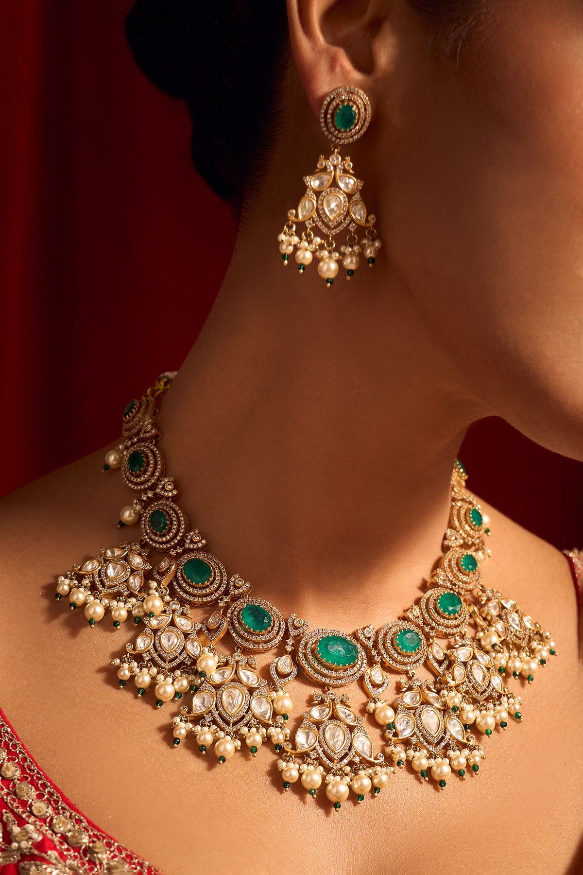 Kundan Green Brass Necklace & Earring Set 