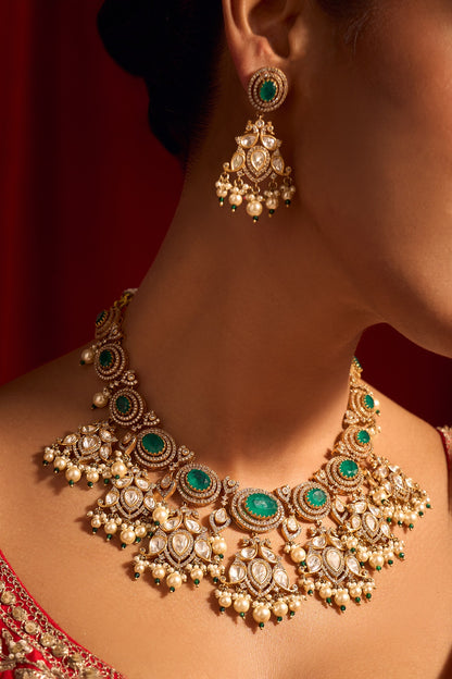 Kundan Green Brass Necklace & Earring Set 
