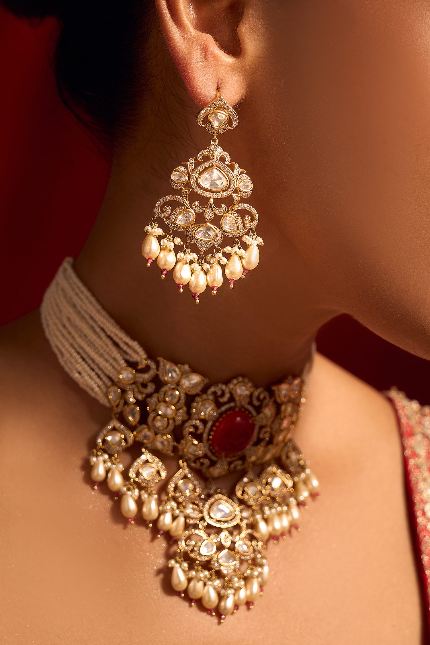 Ruby Red Kundan Necklace & Earring Set 