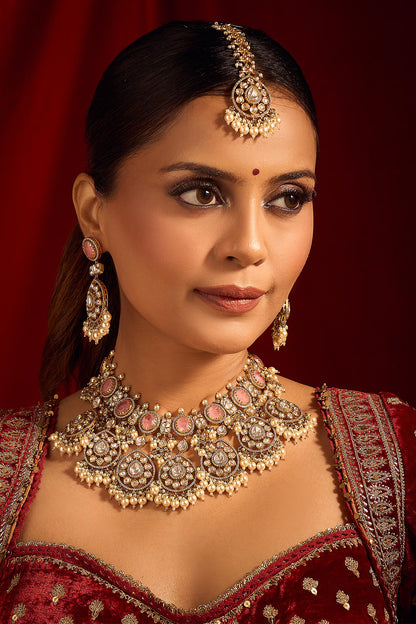 Kundan Pink Brass Jewelry Set 