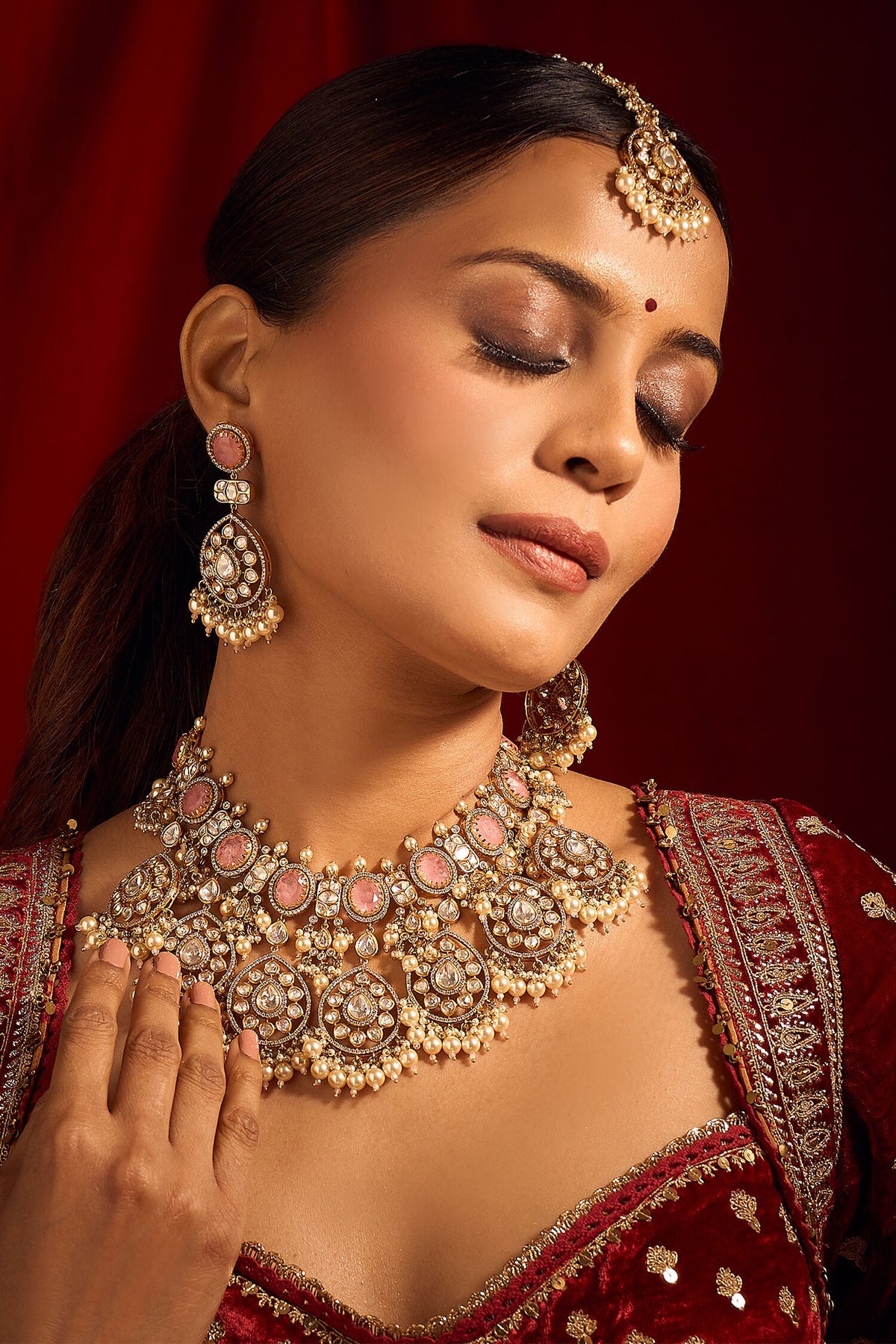 Kundan Pink Brass Jewelry Set 