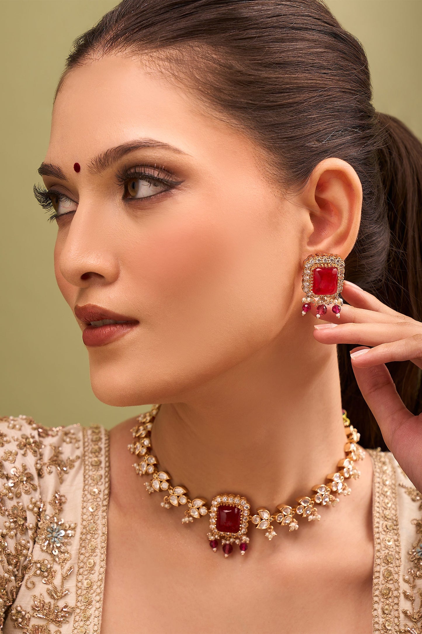 Ruby Red Kundan Necklace & Earring Set 