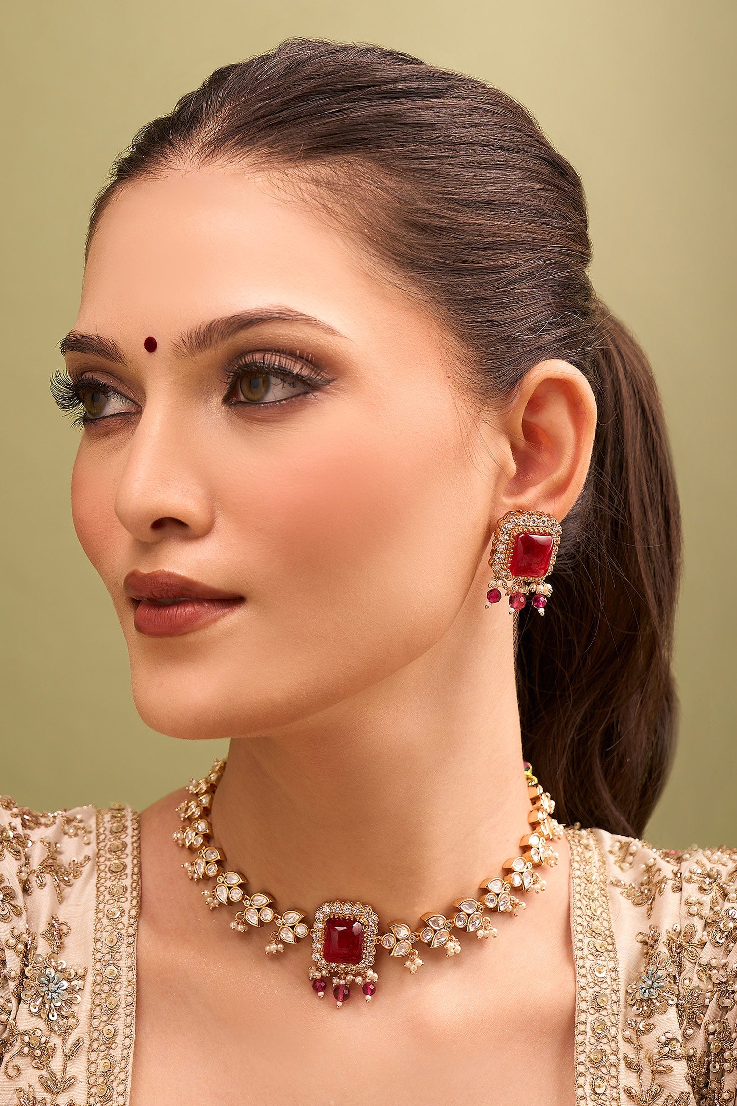Ruby Red Kundan Necklace & Earring Set 
