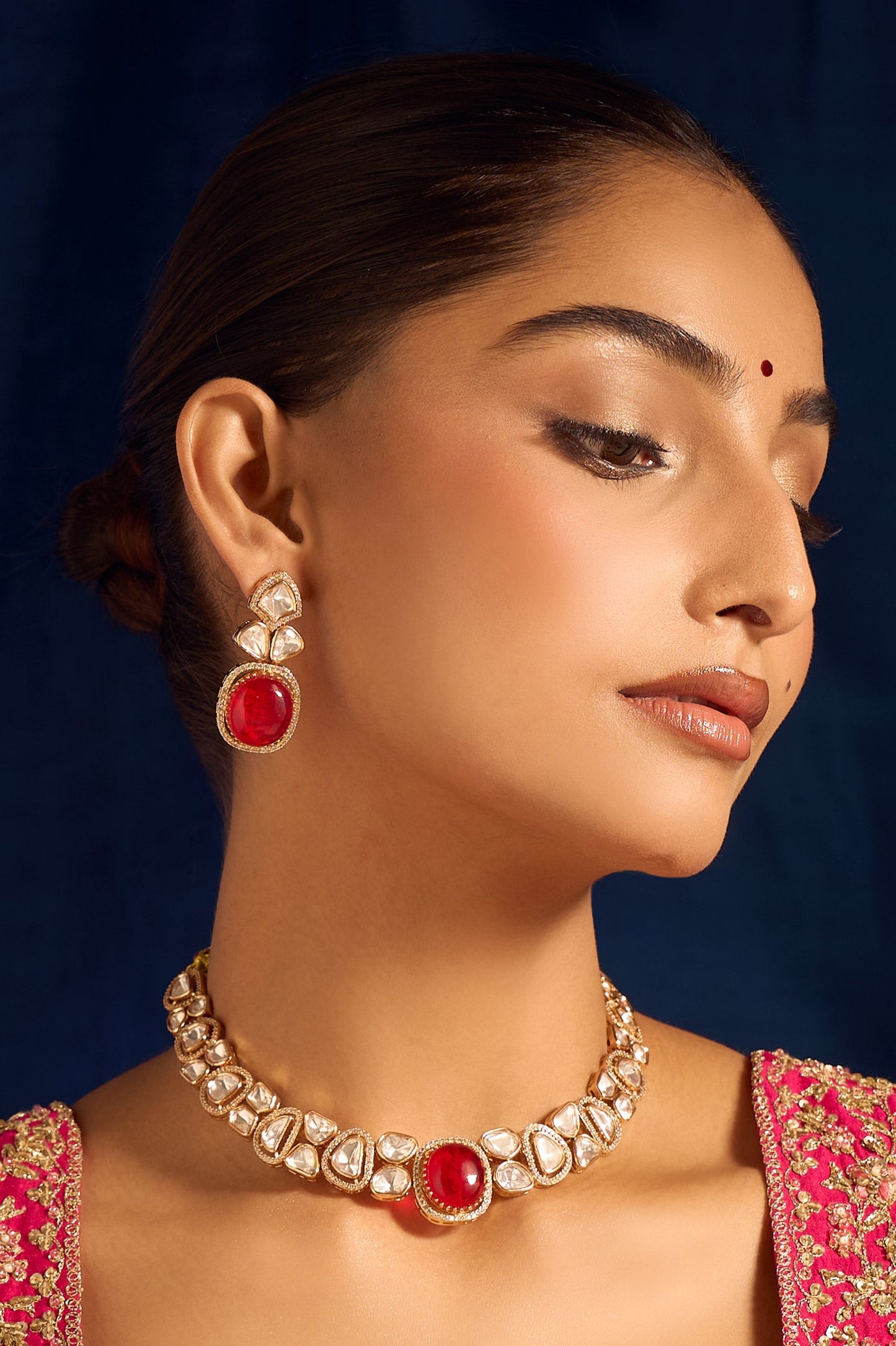 Ruby Red Kundan Necklace & Earring Set 