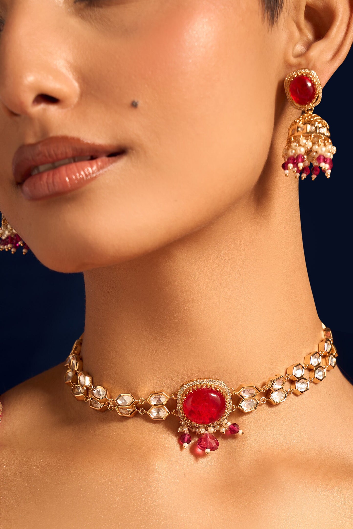 Ruby Red Kundan Necklace & Earring Set 