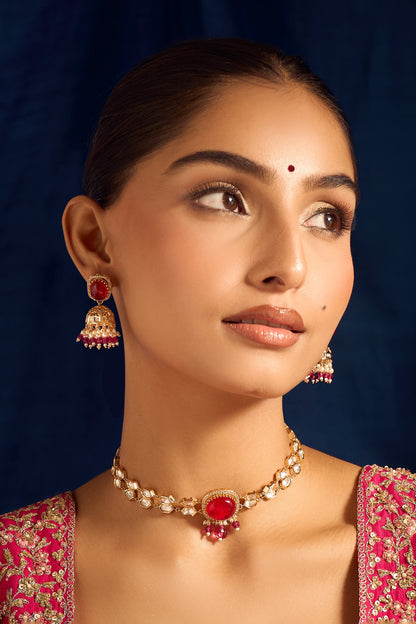 Ruby Red Kundan Necklace & Earring Set 