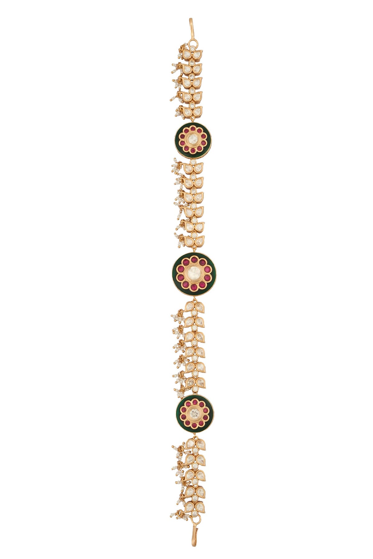 Kundan Work Ruby Pink & Green Mathapatti 