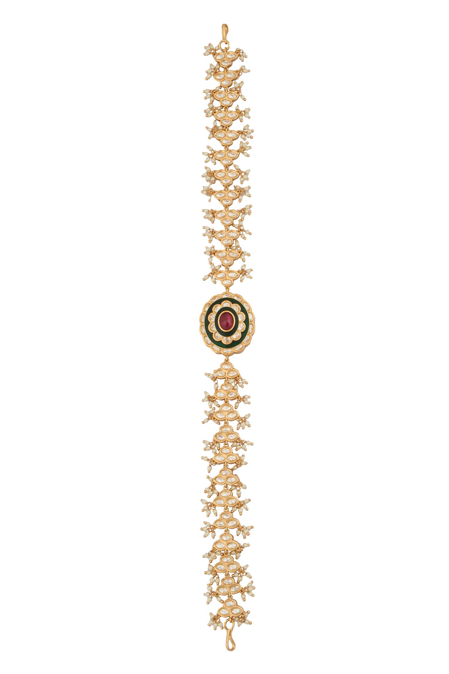 Kundan Work Ruby Pink & Green Mathapatti 
