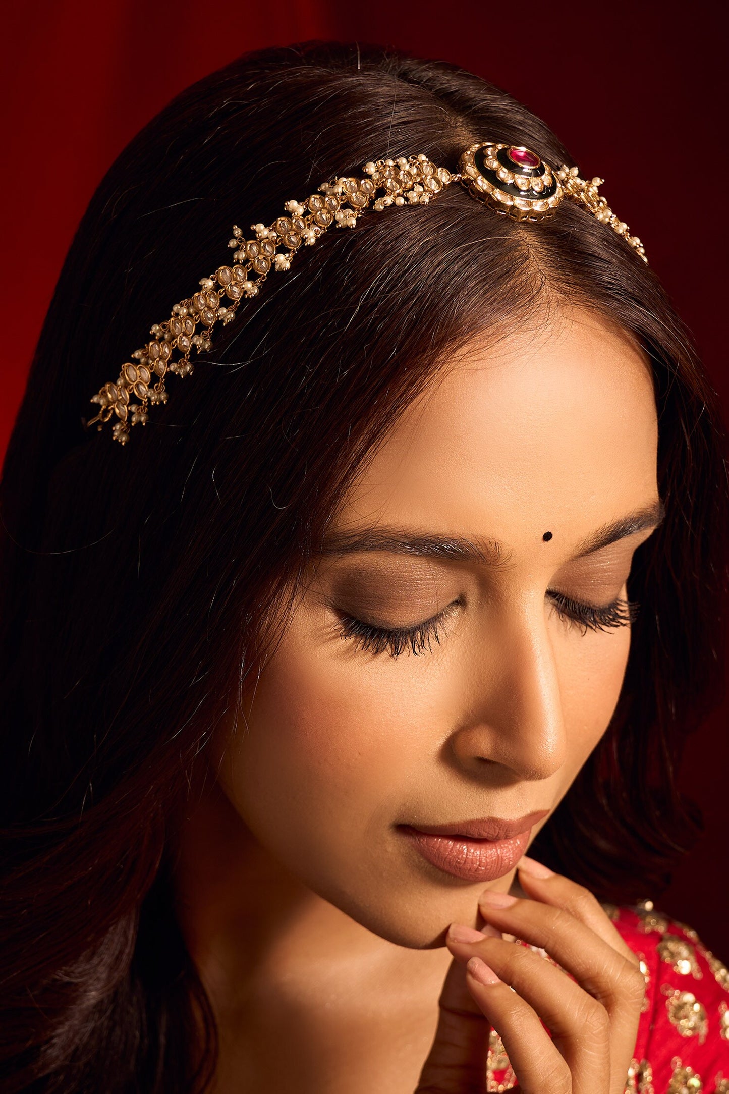 Kundan Work Ruby Pink & Green Mathapatti 