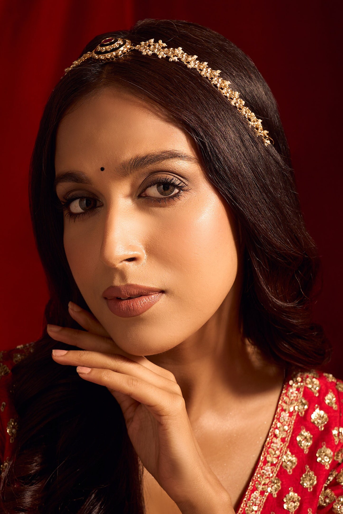 Kundan Work Ruby Pink & Green Mathapatti 