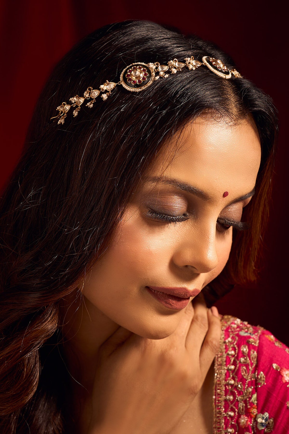 Kundan Ruby Pink & Green Mathapatti 