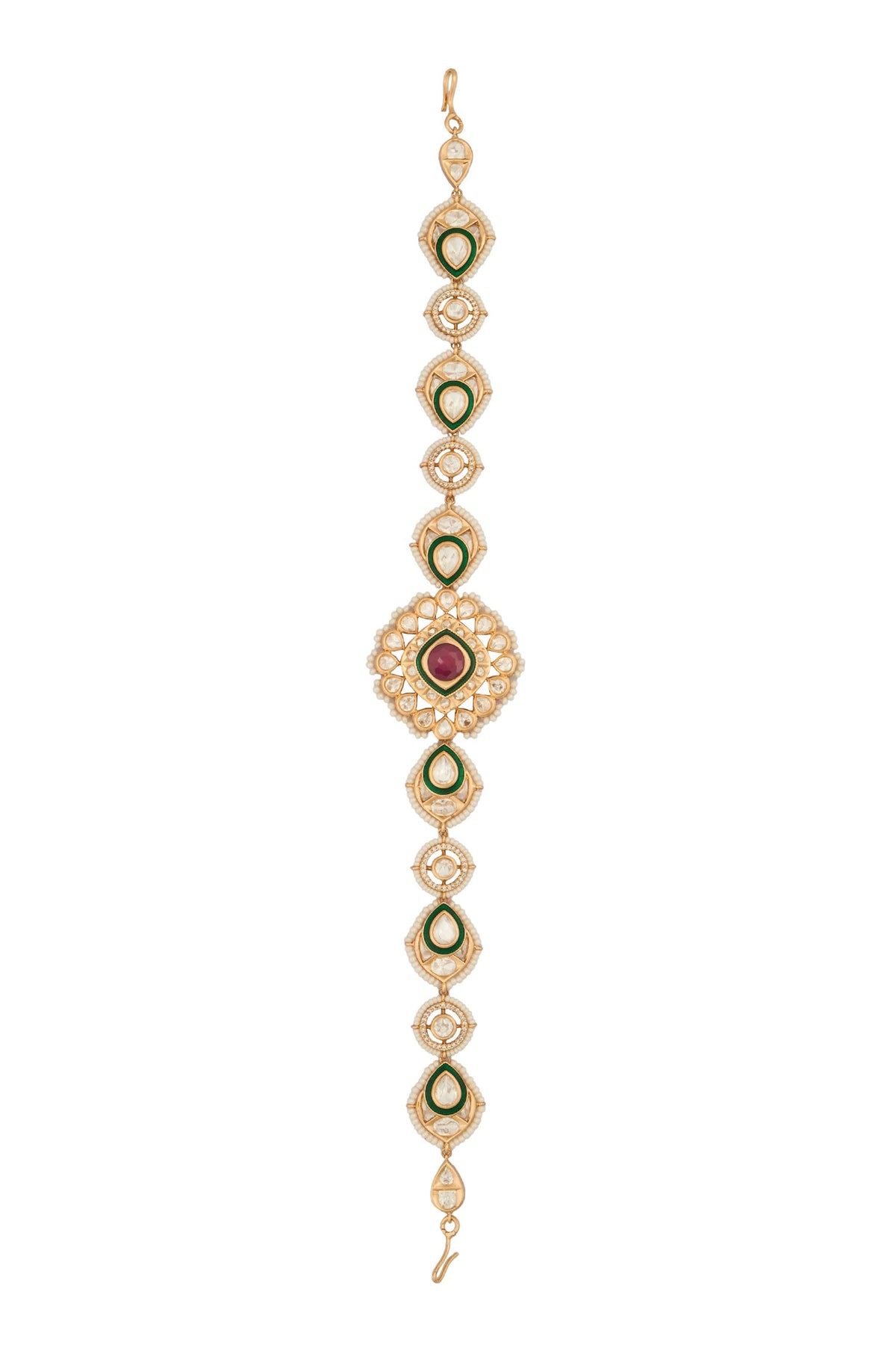 Kundan Work Ruby Pink & Green Mathapatti 