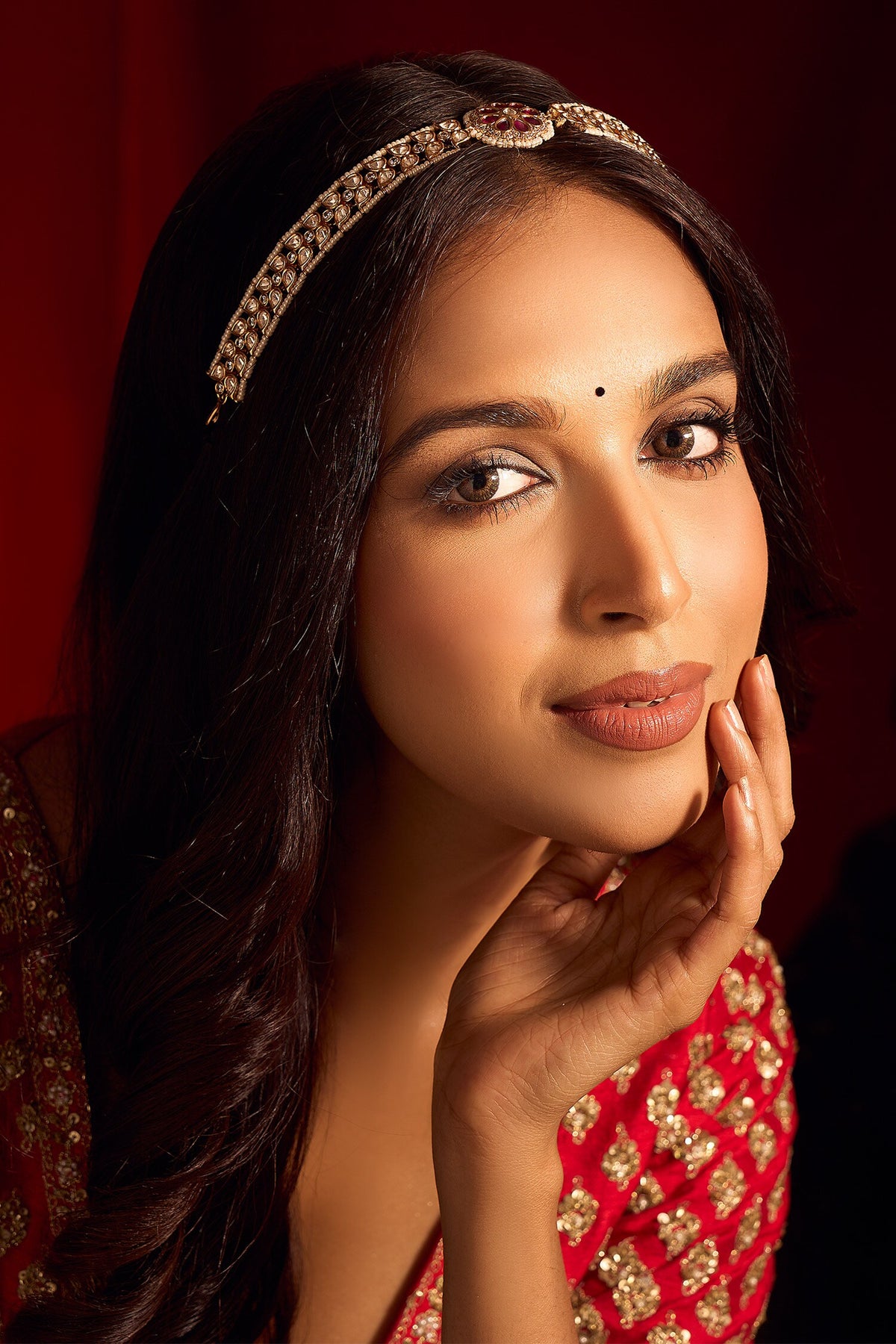 Kundan Ruby Pink Brass Mathapatti 