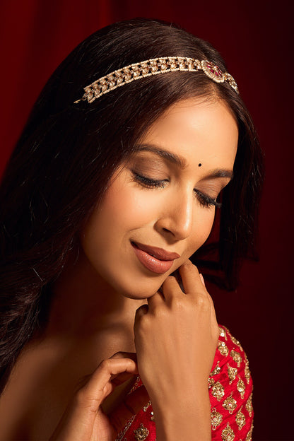 Kundan Ruby Pink Brass Mathapatti 