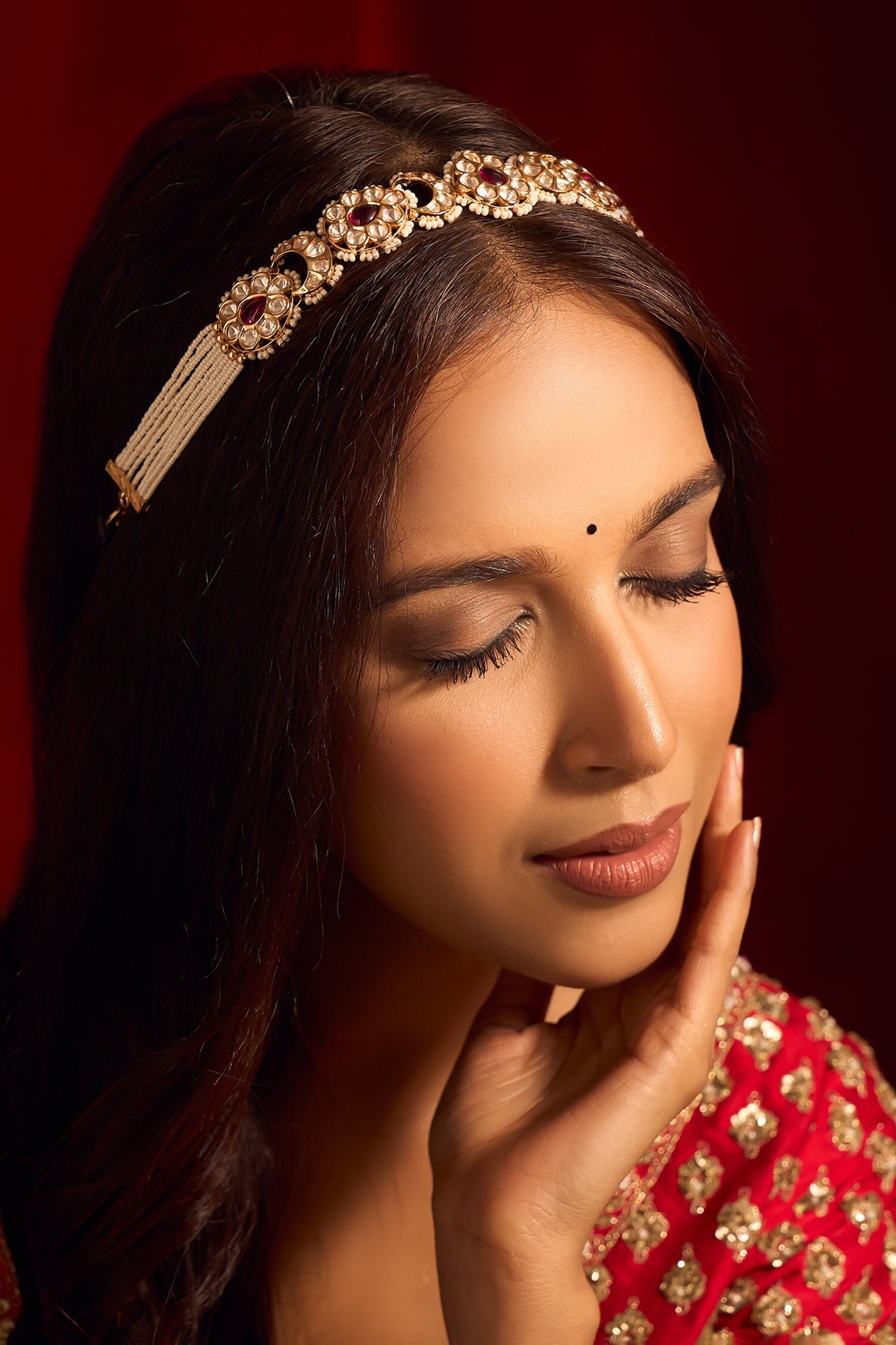 Kundan Ruby Pink Brass Mathapatti 