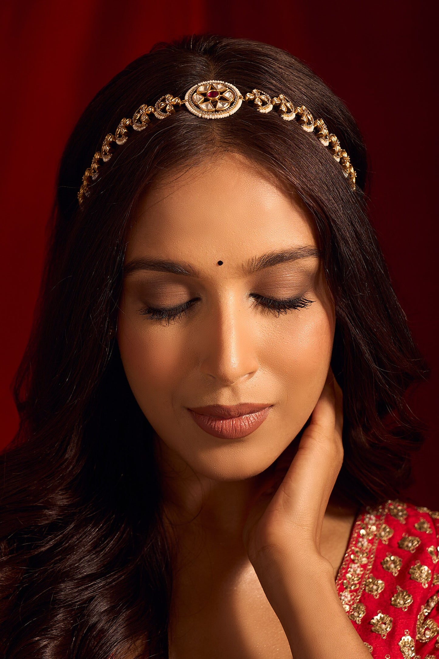 Kundan Ruby Pink Brass Mathapatti 
