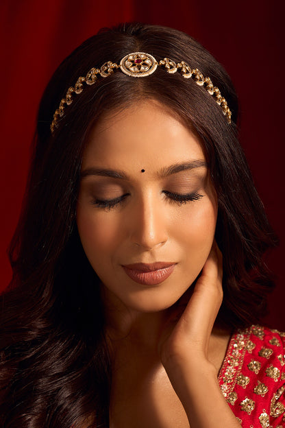 Kundan Ruby Pink Brass Mathapatti 