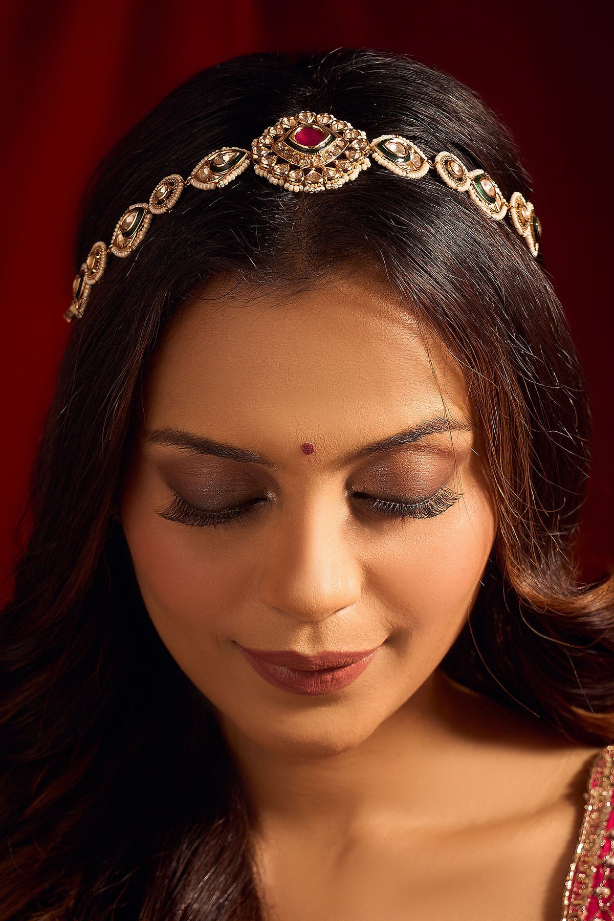 Kundan Work Ruby Pink & Green Mathapatti 