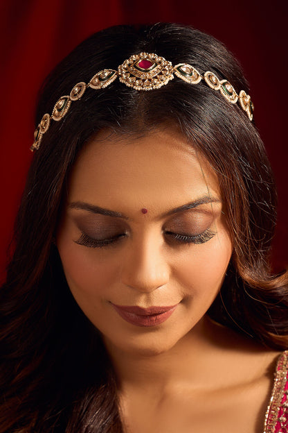 Kundan Work Ruby Pink & Green Mathapatti 