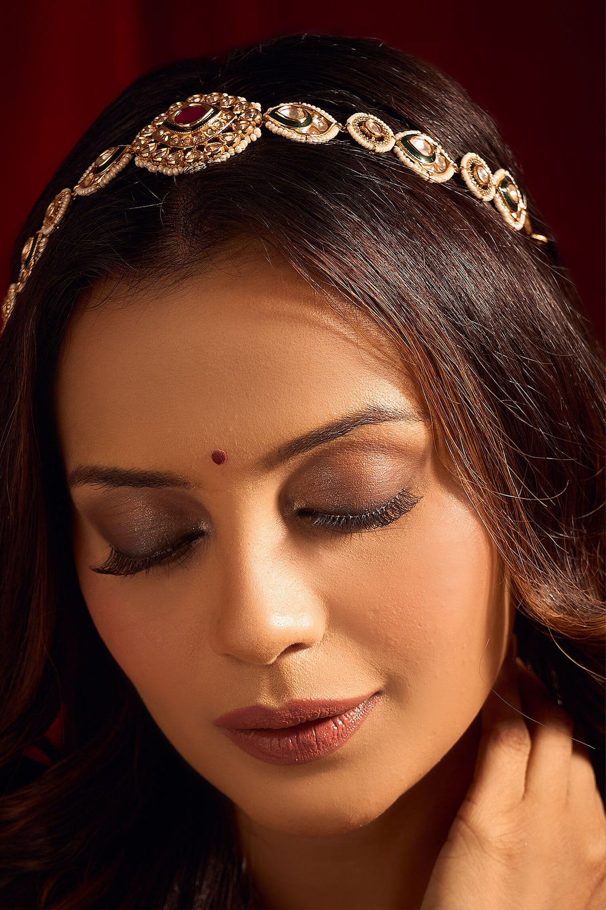Kundan Work Ruby Pink & Green Mathapatti 
