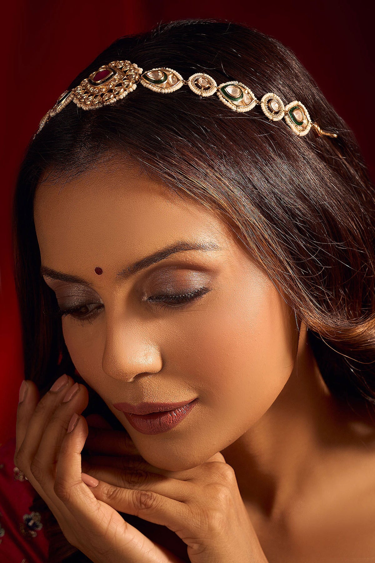 Kundan Work Ruby Pink & Green Mathapatti 