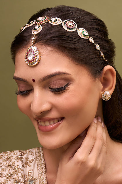 Kundan Design Ruby Pink & Green Mathapatti 