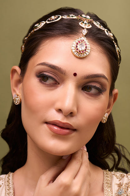 Kundan Design Ruby Pink & Green Mathapatti 