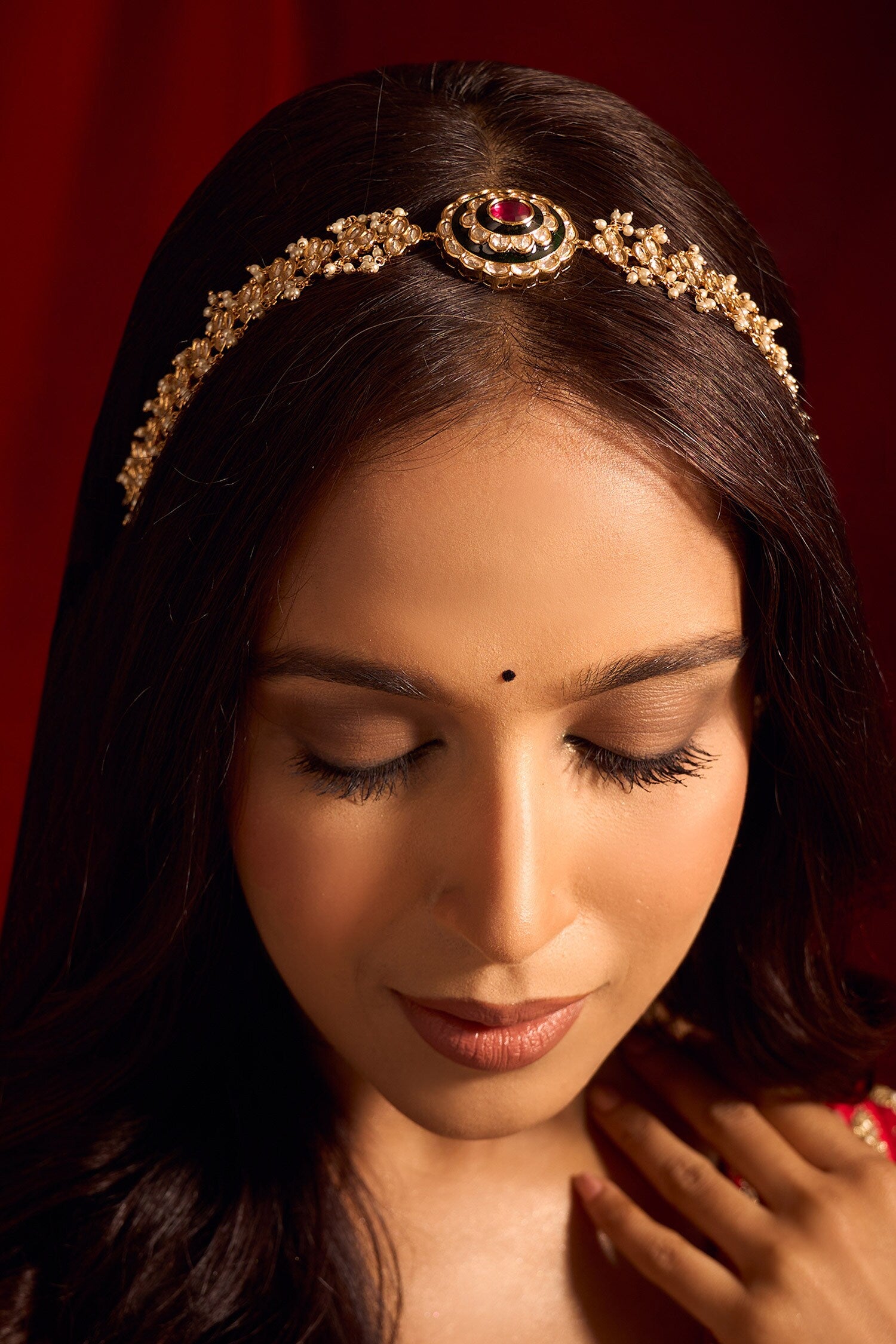 Kundan Work Ruby Pink & Green Mathapatti 
