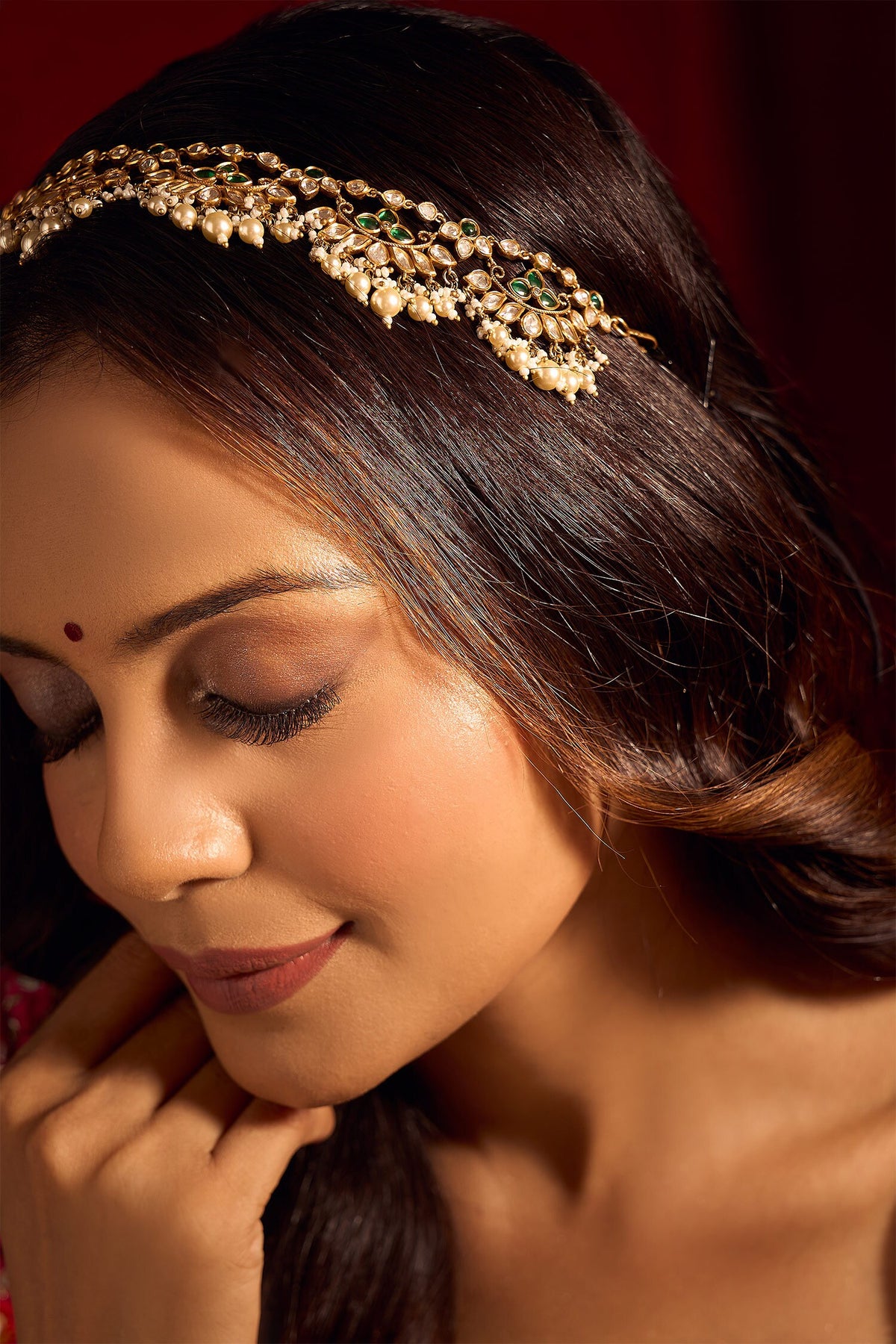 Kundan Work Green Brass Mathapatti 