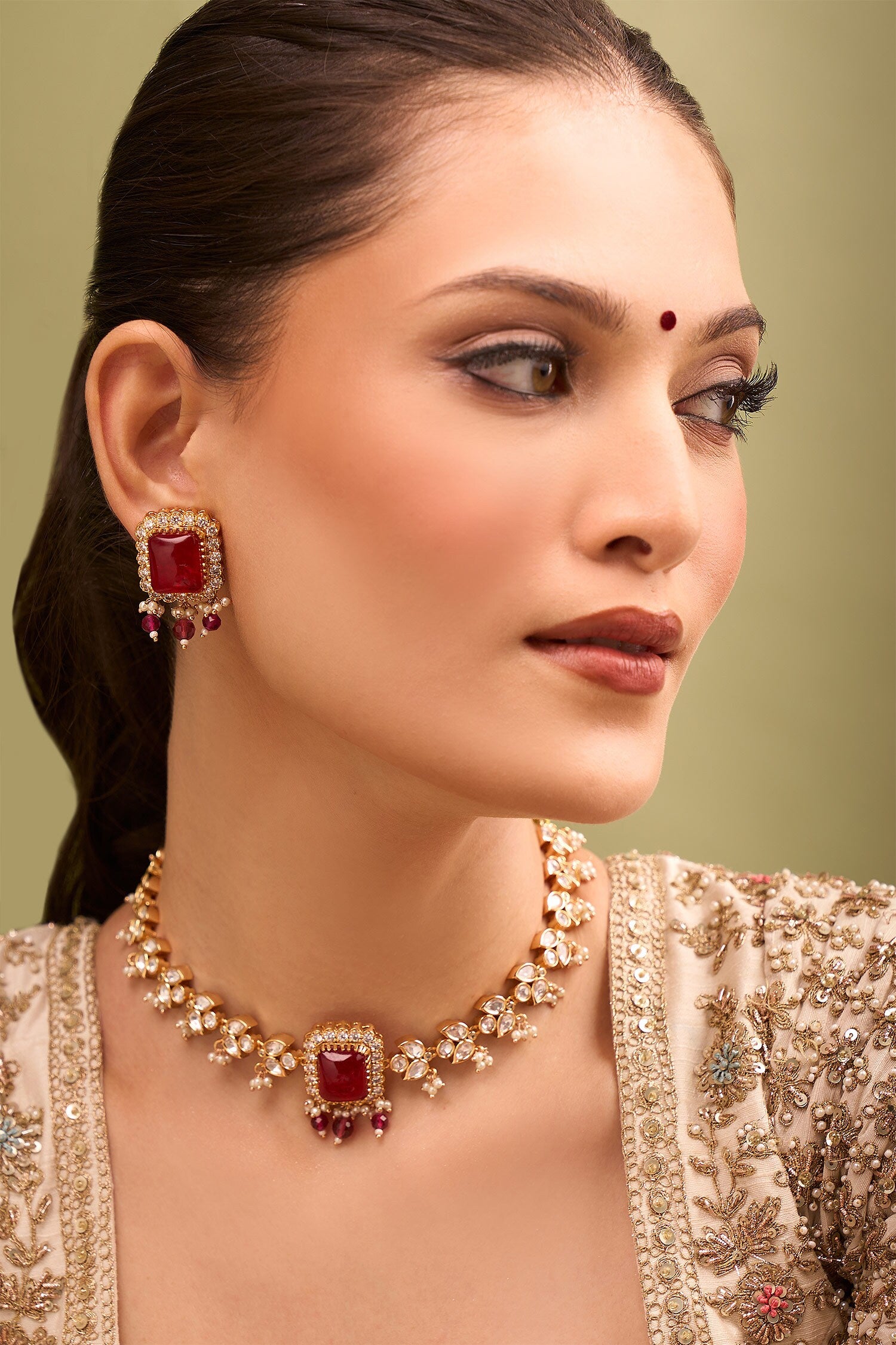 Ruby Red Kundan Necklace & Earring Set 