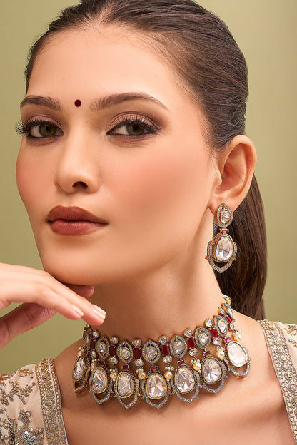 Ruby Red Kundan Necklace & Earring Set 