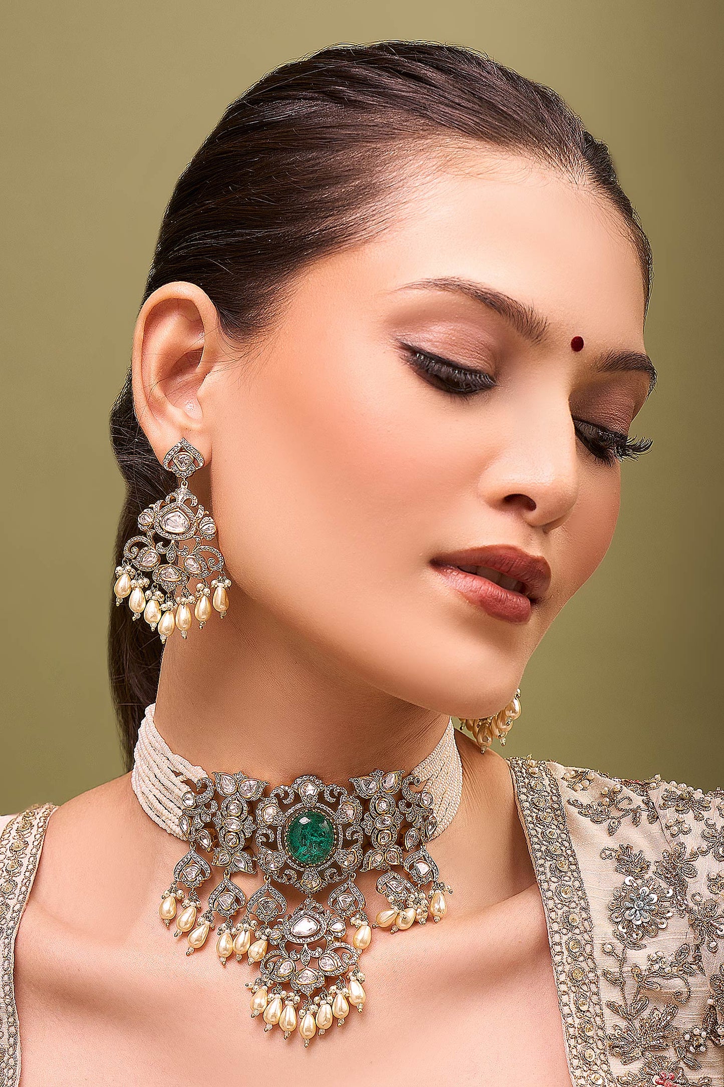 Mint Kundan Necklace & Earring Set 
