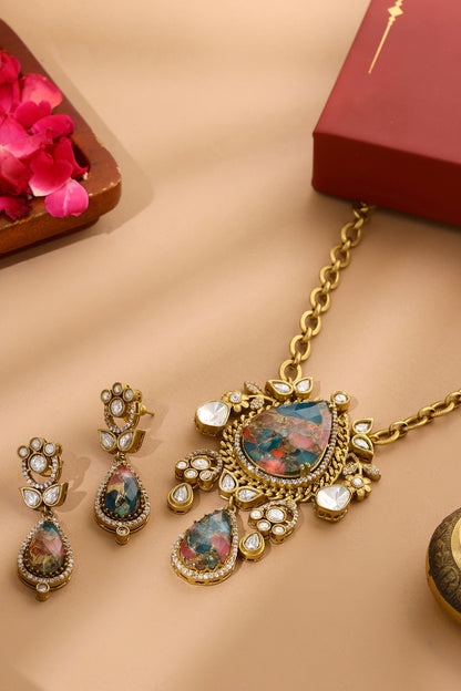 Natural Stones Antique Finish Earrings and Necklace set 